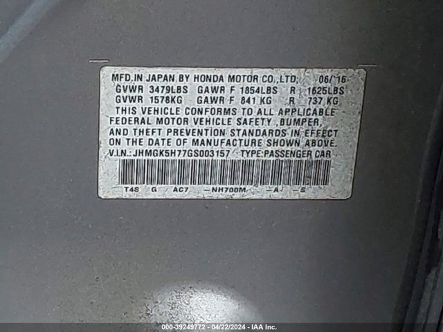 Honda FIT EX 2016 JHMGK5H77GS003157 Image 9