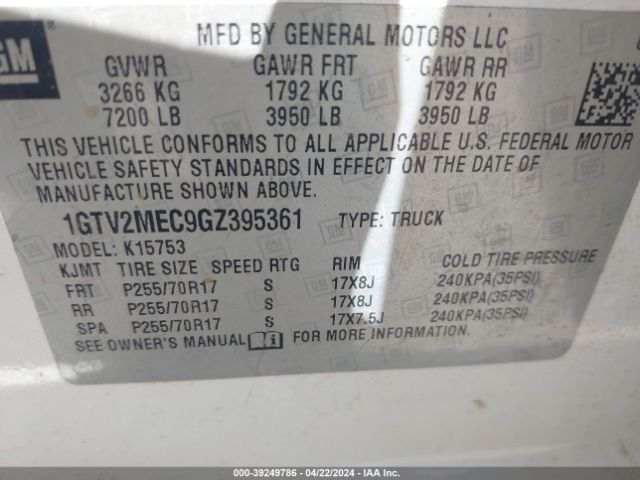 1GTV2MEC9GZ395361 GMC Sierra 1500 Sle