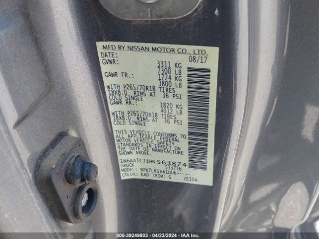 1N6AA1CJ3HN563874 Nissan TITAN S