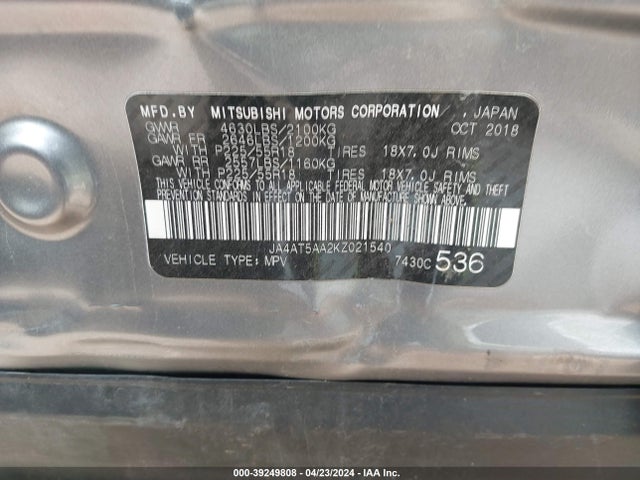 Mitsubishi Eclipse Cross Sel 2019 JA4AT5AA2KZ021540 Image 9
