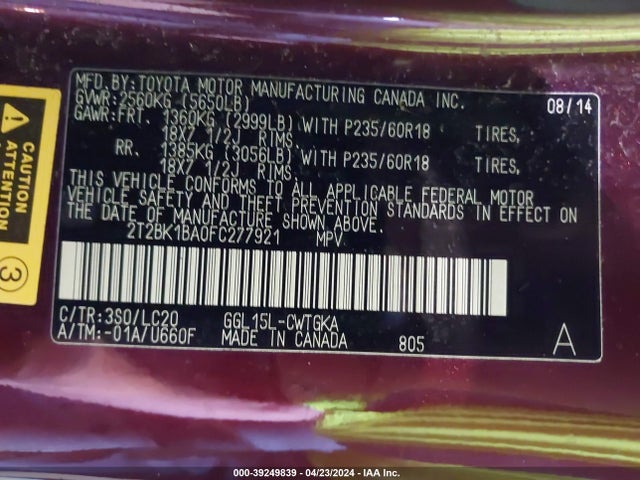 2T2BK1BA0FC277921 Lexus RX 350