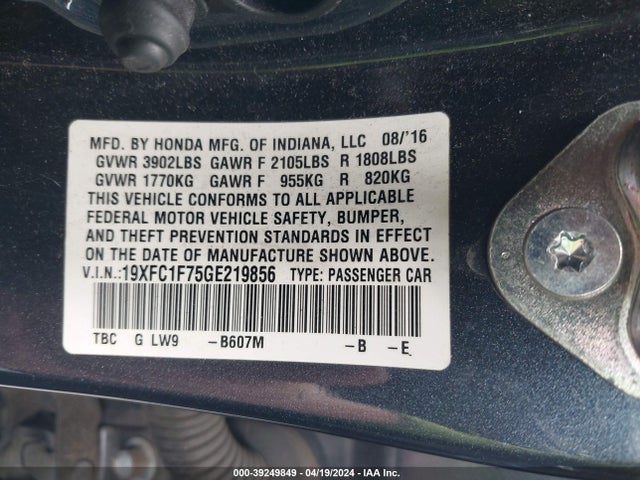 Honda Civic Ex-l 2016 19XFC1F75GE219856 Image 9