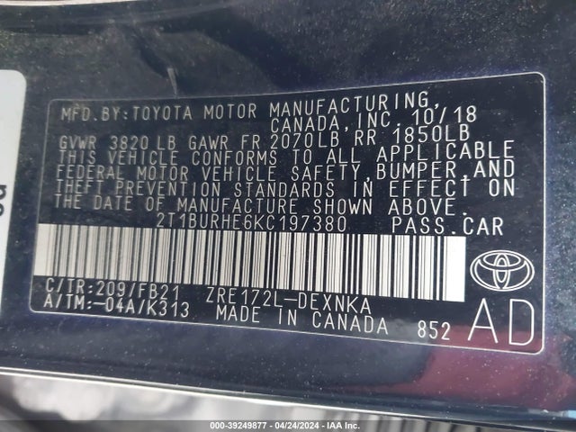 Toyota COROLLA LE 2019 2T1BURHE6KC197380 Image 9