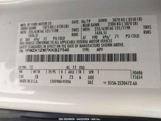 Ford Transit-150 Xlt 2019 1FMZK1ZM7KKB27540 Image 9
