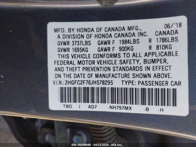 Honda CIVIC EX 2018 2HGFC2F76JH578295 Image 9