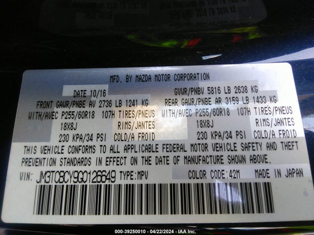 JM3TCBCY9G0126649 Mazda Cx-9 Touring