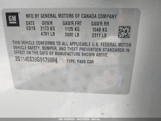 Chevrolet IMPALA 2LZ 2016 2G1145S39G9179984 Image 9