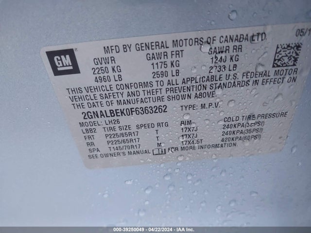 Chevrolet EQUINOX 1LT 2015 2GNALBEK0F6363262 Image 9