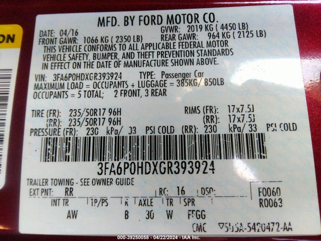 Ford FUSION SE 2016 3FA6P0HDXGR393924 Image 9