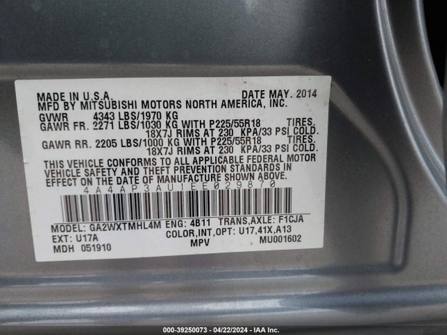 4A4AP3AU1EE029870 Mitsubishi Outlander Sport Es