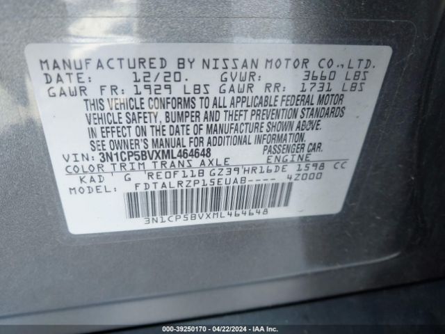 3N1CP5BVXML464648 Nissan Kicks S Xtronic Cvt