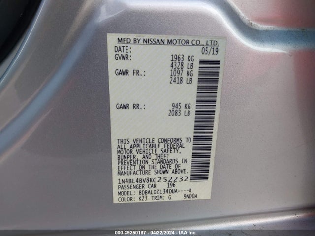 Nissan Altima 2.5 S 2019 1N4BL4BV8KC252232 Image 9