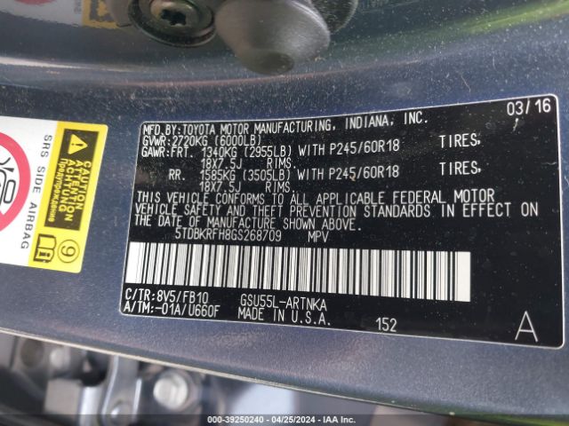 5TDBKRFH8GS268709 Toyota Highlander Le V6