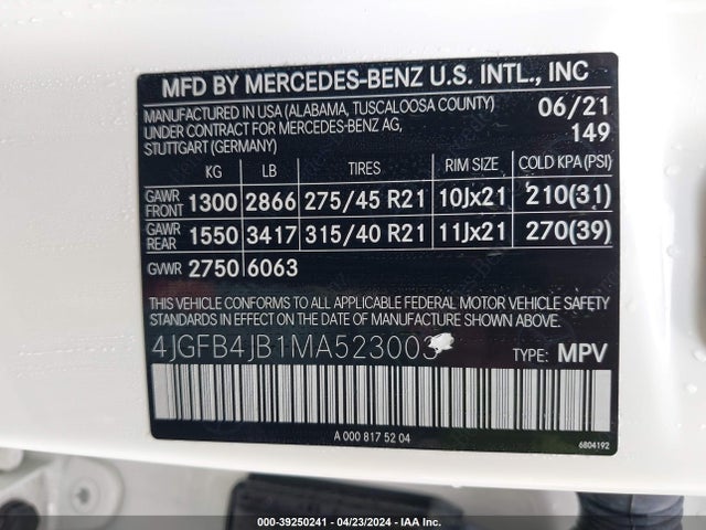 4JGFB4JB1MA523003 Mercedes-Benz GLE 350