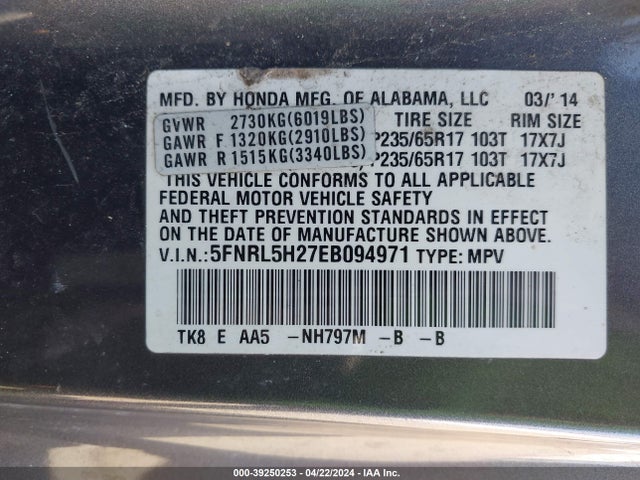 Honda ODYSSEY LX 2014 5FNRL5H27EB094971 Image 9