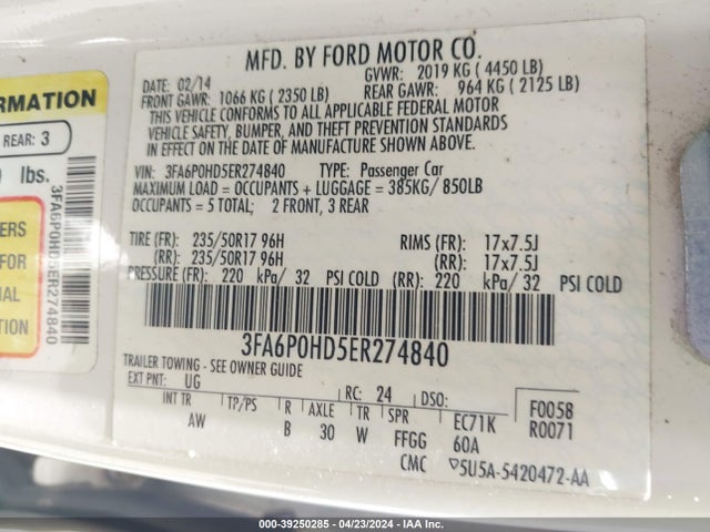 Ford FUSION SE 2014 3FA6P0HD5ER274840 Image 9