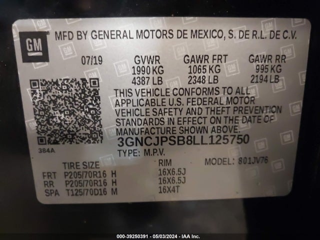 Chevrolet Trax Awd Lt 2020 3GNCJPSB8LL125750 Image 9