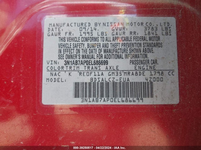 Nissan SENTRA S 2014 3N1AB7AP0EL686699 Image 9