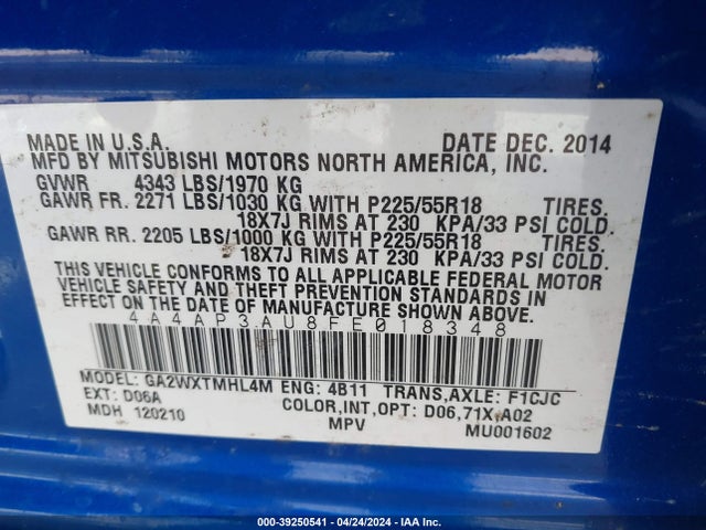 4A4AP3AU8FE018348 Mitsubishi Outlander Sport Es