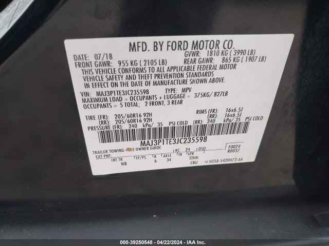 MAJ3P1TE3JC235598 Ford Ecosport Se