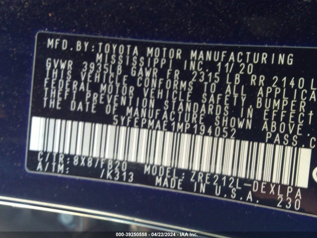 Toyota COROLLA LE 2021 5YFEPMAE1MP194052 Image 9