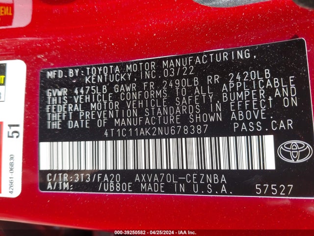Toyota CAMRY LE 2022 4T1C11AK2NU678387 Image 9