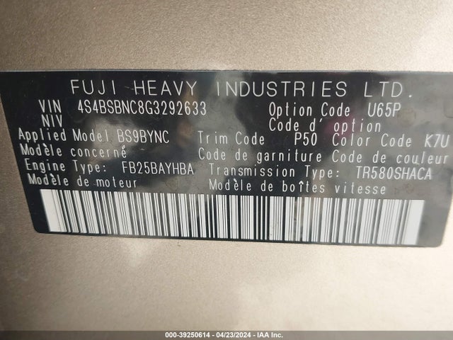 Subaru Outback 2.5i Limited 2016 4S4BSBNC8G3292633 Image 9