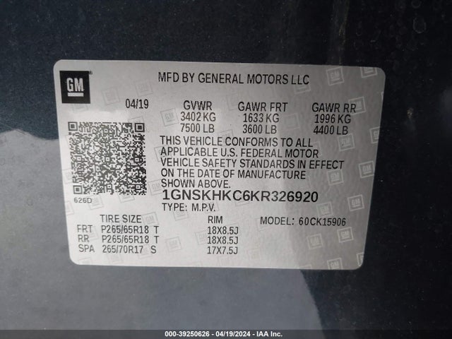Chevrolet Suburban Lt 2019 1GNSKHKC6KR326920 Image 9