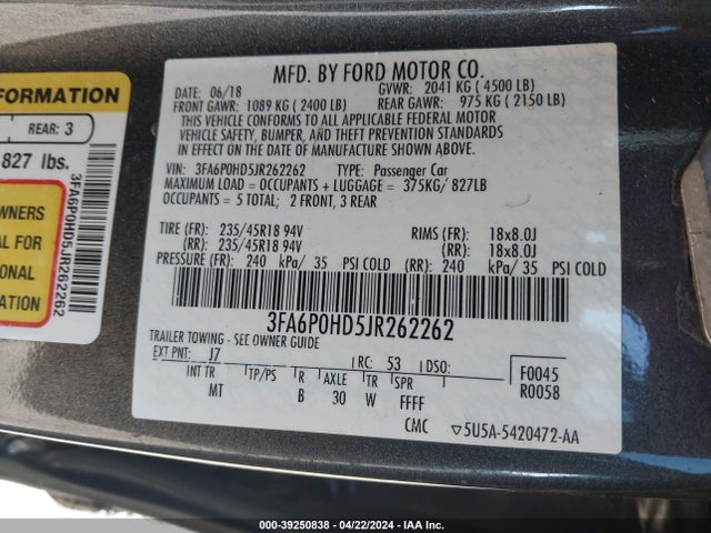 Ford FUSION SE 2018 3FA6P0HD5JR262262 Image 9