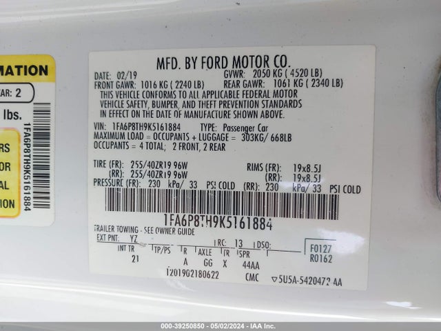 Ford Mustang Ecoboost 2019 1FA6P8TH9K5161884 Image 9