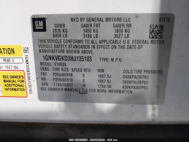 Chevrolet Traverse 1lt 2017 1GNKVGKD3HJ135103 Image 9