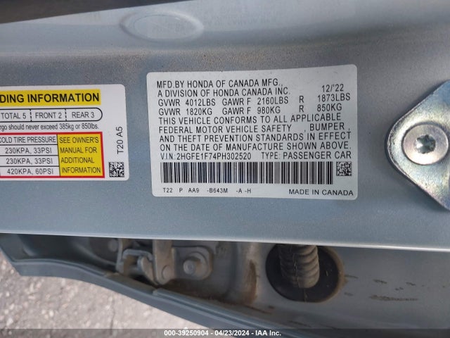 Honda Civic Ex /ex W/o Bsi 2023 2HGFE1F74PH302520 Image 9