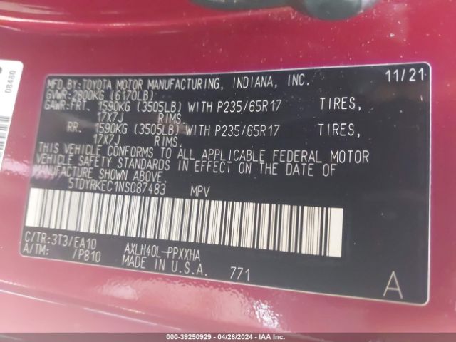 5TDYRKEC1NS087483 Toyota SIENNA XLE