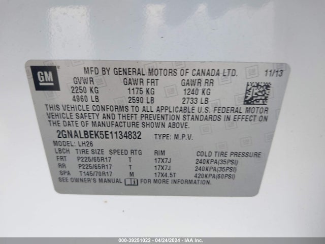 Chevrolet EQUINOX 1LT 2014 2GNALBEK5E1134832 Image 9