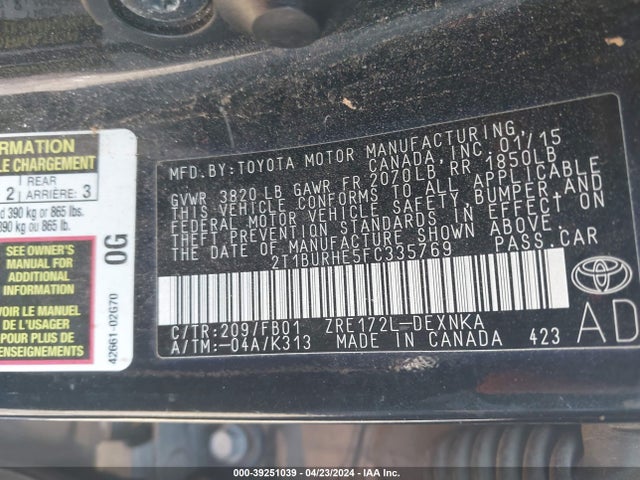 Toyota COROLLA LE 2015 2T1BURHE5FC335769 Image 9