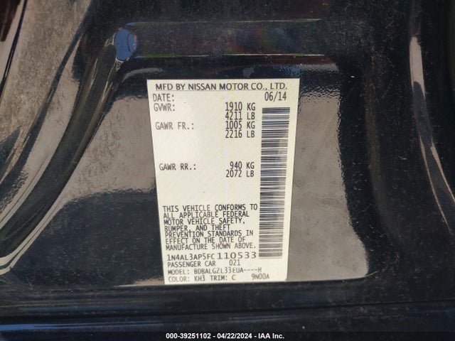 Nissan Altima 2.5 S 2015 1N4AL3AP5FC110533 Image 9