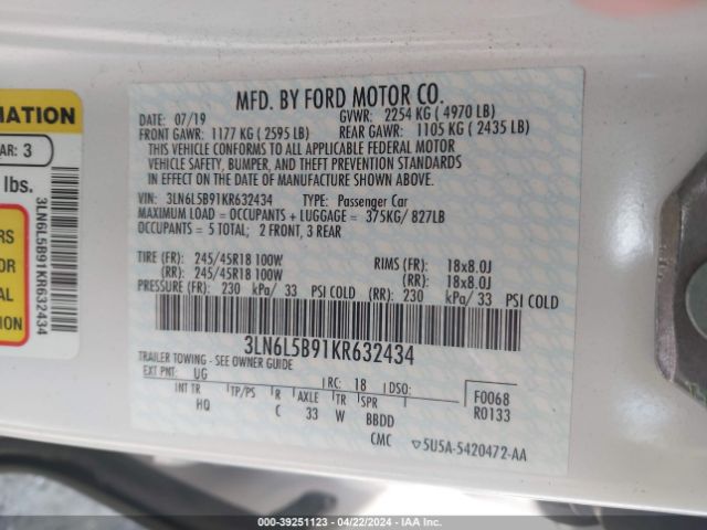 3LN6L5B91KR632434 Lincoln Mkz Standard