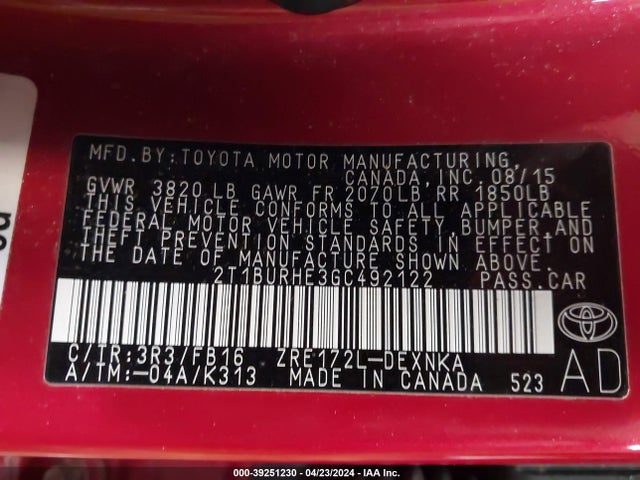 Toyota COROLLA LE 2016 2T1BURHE3GC492122 Image 9