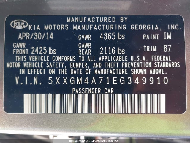 KIA Optima Lx 2014 5XXGM4A71EG349910 Image 9