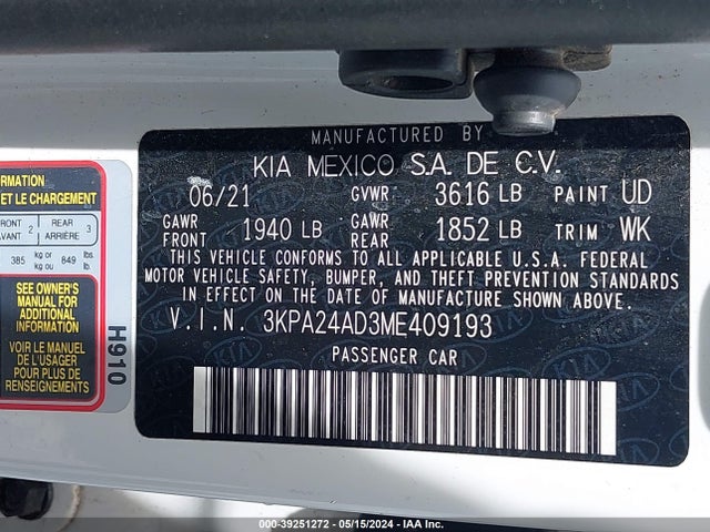 KIA RIO LX 2021 3KPA24AD3ME409193 Image 9