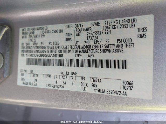 Ford ESCAPE SE 2016 1FMCU9G96GUA58168 Image 9