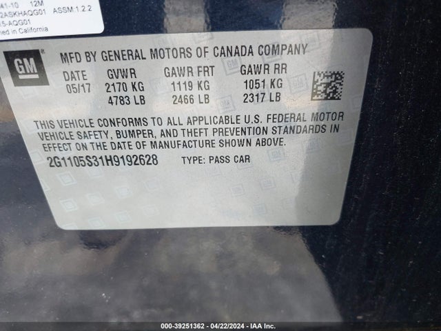 Chevrolet IMPALA 1LT 2017 2G1105S31H9192628 Image 9
