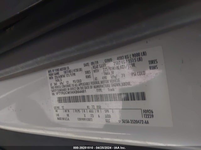 Ford Transit-250 2019 1FTYR2CM1KKB64481 Image 9