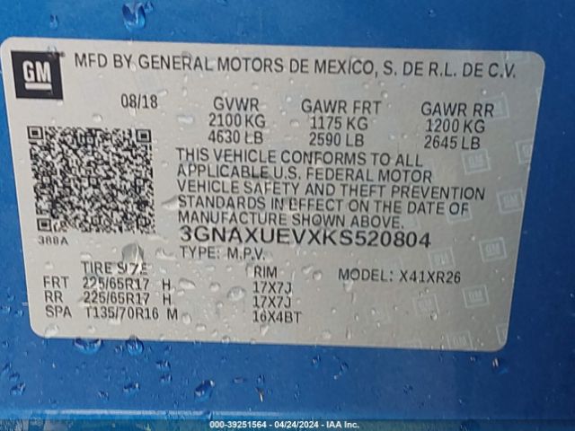 3GNAXUEVXKS520804 Chevrolet EQUINOX LT