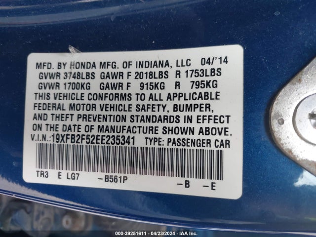 Honda Civic Lx 2014 19XFB2F52EE235341 Image 9