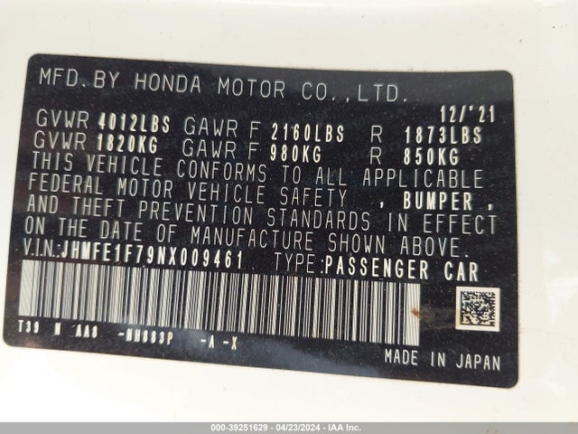 Honda CIVIC EX 2022 JHMFE1F79NX009461 Image 9