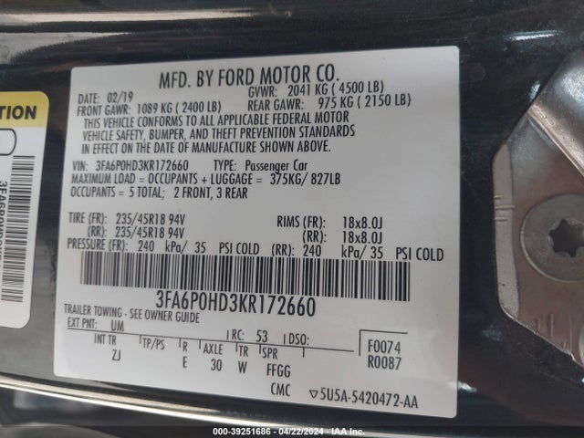 Ford FUSION SE 2019 3FA6P0HD3KR172660 Image 9