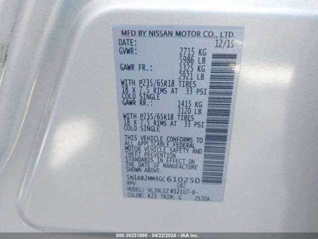 5N1AR2MM4GC610250 Nissan Pathfinder Platinum/s/sl/sv