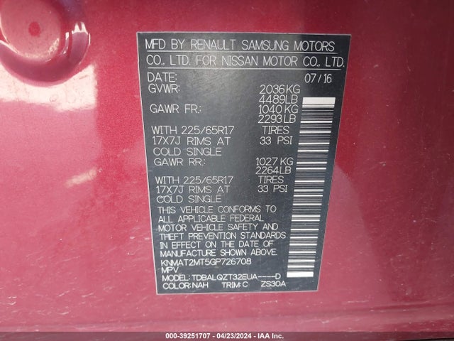 Nissan ROGUE SV 2016 KNMAT2MT5GP726708 Image 9