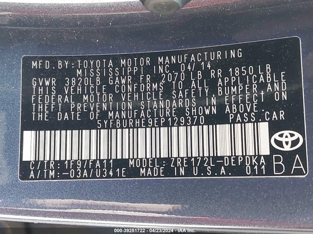 Toyota COROLLA L 2014 5YFBURHE9EP129370 Image 9